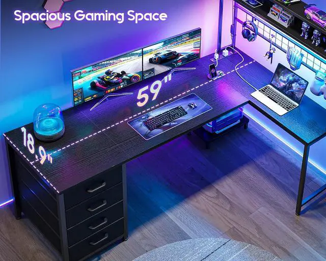 Alt view image 6 of 6 - L Shaped Gaming Desk with 4 Drawers, 59" Reversible Computer Desk with Hutch and Shelves, Gamer Desk with LED Lights, Power Outlets, Home Office Corner Desk with Gird Pegboard, Black