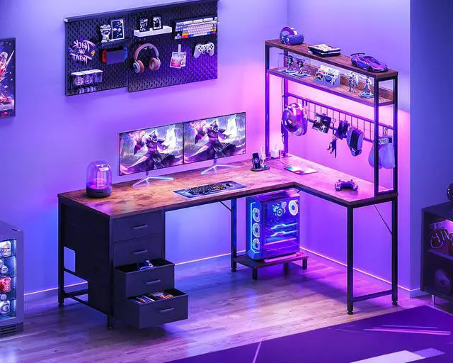 Alt view image 2 of 6 - L Shaped Gaming Desk with Hutch, 59" Computer Desk with 4 Drawers & Storage Shelves, Reversible Corner Desk with LED Light & Power Outlets, Gamer Table for for Home Office, Vintage