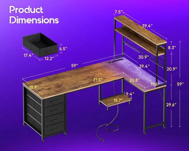 Alt view image 3 of 6 - L Shaped Gaming Desk with Hutch, 59" Computer Desk with 4 Drawers & Storage Shelves, Reversible Corner Desk with LED Light & Power Outlets, Gamer Table for for Home Office, Vintage