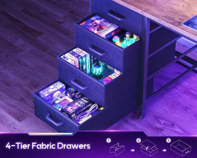 Alt view image 5 of 6 - L Shaped Gaming Desk with Hutch, 59" Computer Desk with 4 Drawers & Storage Shelves, Reversible Corner Desk with LED Light & Power Outlets, Gamer Table for for Home Office, Vintage