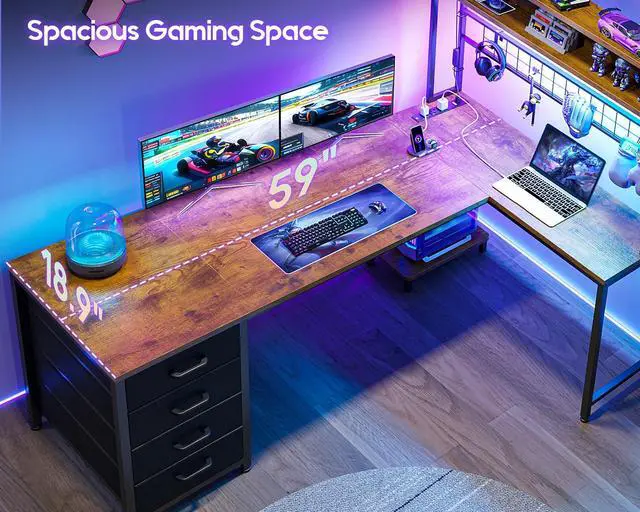 Alt view image 6 of 6 - L Shaped Gaming Desk with Hutch, 59" Computer Desk with 4 Drawers & Storage Shelves, Reversible Corner Desk with LED Light & Power Outlets, Gamer Table for for Home Office, Vintage