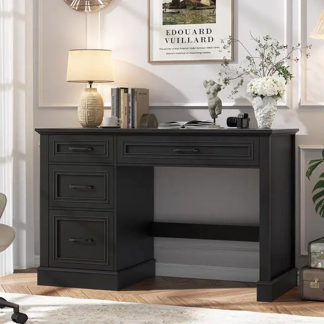 Alt view image 3 of 6 - Farmhouse 47" Executive Desk with 3 Drawers and Adjustable File Drawer, Workstation Computer Desk for Home Office, Study, Pure Black