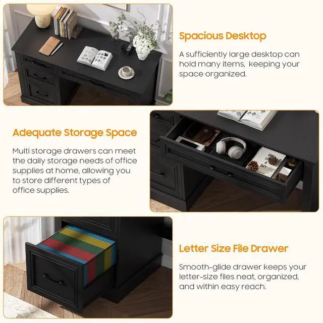 Alt view image 4 of 6 - Farmhouse 47" Executive Desk with 3 Drawers and Adjustable File Drawer, Workstation Computer Desk for Home Office, Study, Pure Black