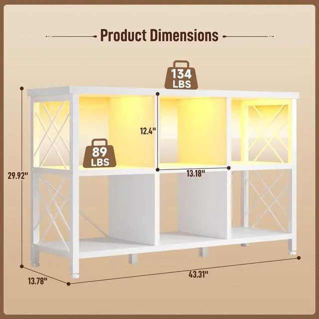 Alt view image 2 of 6 - 6 Cube Storage Organizer with LED Light and Charging Station, Wood and Metal Cube Shelf as White Horizontal Book Shelf for Bedroom Home Office