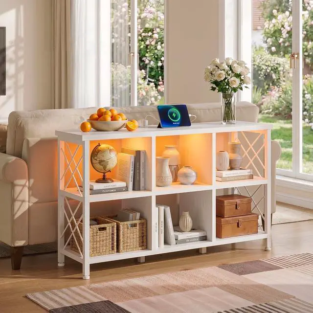 Alt view image 3 of 6 - 6 Cube Storage Organizer with LED Light and Charging Station, Wood and Metal Cube Shelf as White Horizontal Book Shelf for Bedroom Home Office
