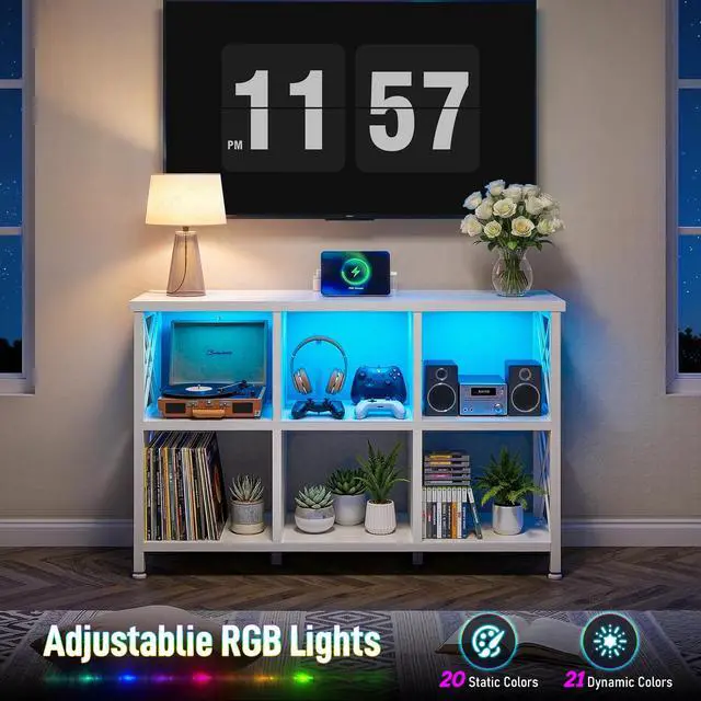 Alt view image 4 of 6 - 6 Cube Storage Organizer with LED Light and Charging Station, Wood and Metal Cube Shelf as White Horizontal Book Shelf for Bedroom Home Office