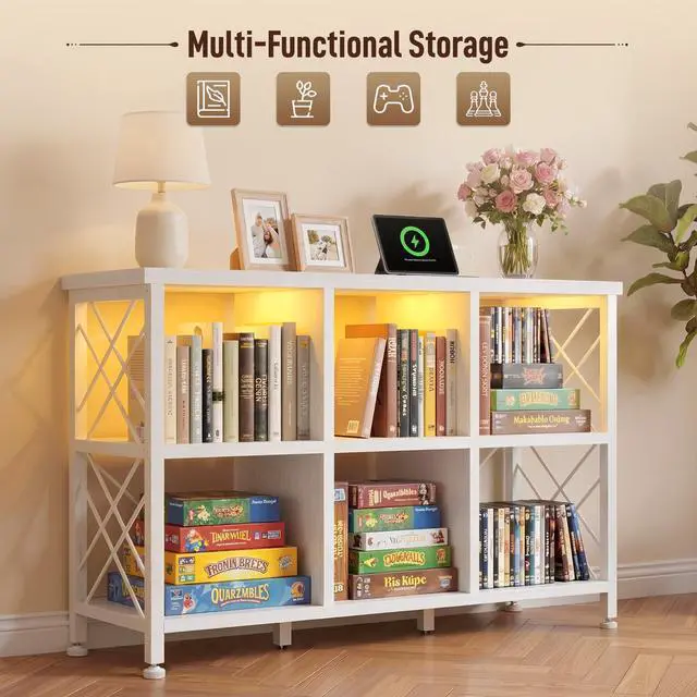 Alt view image 6 of 6 - 6 Cube Storage Organizer with LED Light and Charging Station, Wood and Metal Cube Shelf as White Horizontal Book Shelf for Bedroom Home Office