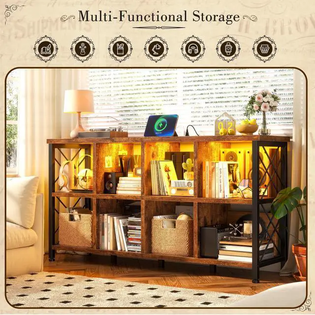 Alt view image 5 of 6 - 8 Cube Storage Organizer with LED for Living Room, Rustic Brown | Charging Station, Home Organizer, Holds 245 LBS, Stable Cube Grid Frame