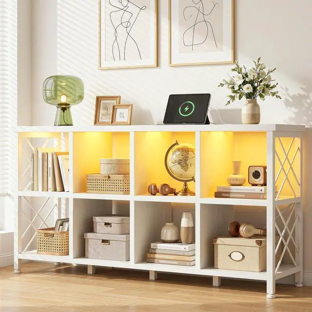 Main image of 8 Cube Storage Organizer with LED Light and Charging Station, Wood and Metal Cube Shelf as White Horizontal Book Shelf for Bedroom Home Office