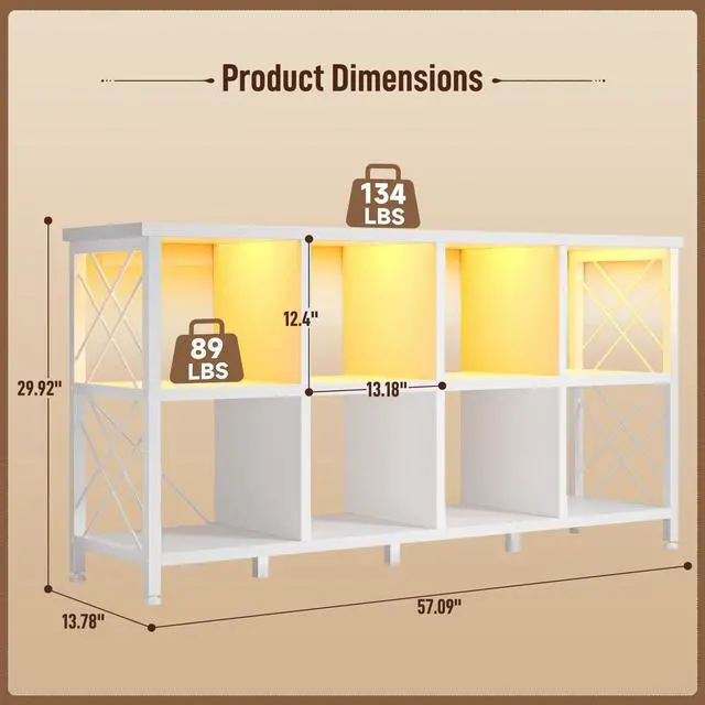 Alt view image 2 of 6 - 8 Cube Storage Organizer with LED Light and Charging Station, Wood and Metal Cube Shelf as White Horizontal Book Shelf for Bedroom Home Office