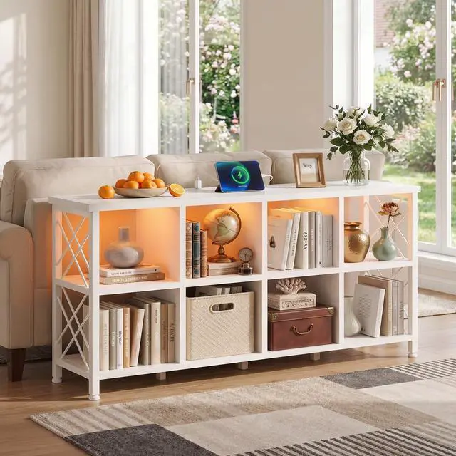Alt view image 3 of 6 - 8 Cube Storage Organizer with LED Light and Charging Station, Wood and Metal Cube Shelf as White Horizontal Book Shelf for Bedroom Home Office