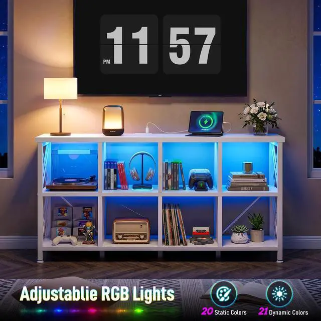 Alt view image 4 of 6 - 8 Cube Storage Organizer with LED Light and Charging Station, Wood and Metal Cube Shelf as White Horizontal Book Shelf for Bedroom Home Office
