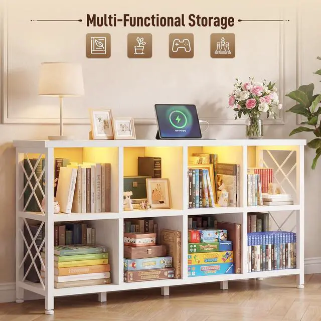 Alt view image 6 of 6 - 8 Cube Storage Organizer with LED Light and Charging Station, Wood and Metal Cube Shelf as White Horizontal Book Shelf for Bedroom Home Office