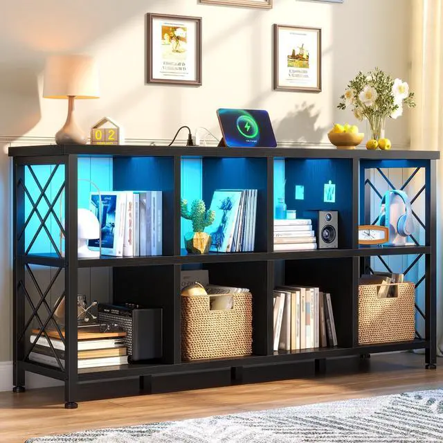 Main image of 8 Cube Shelf Organizer with LED Light and Charging Station, Wood and Metal Cube Shelf as Long Horizontal Book Shelf for Bedroom Home Office, Black