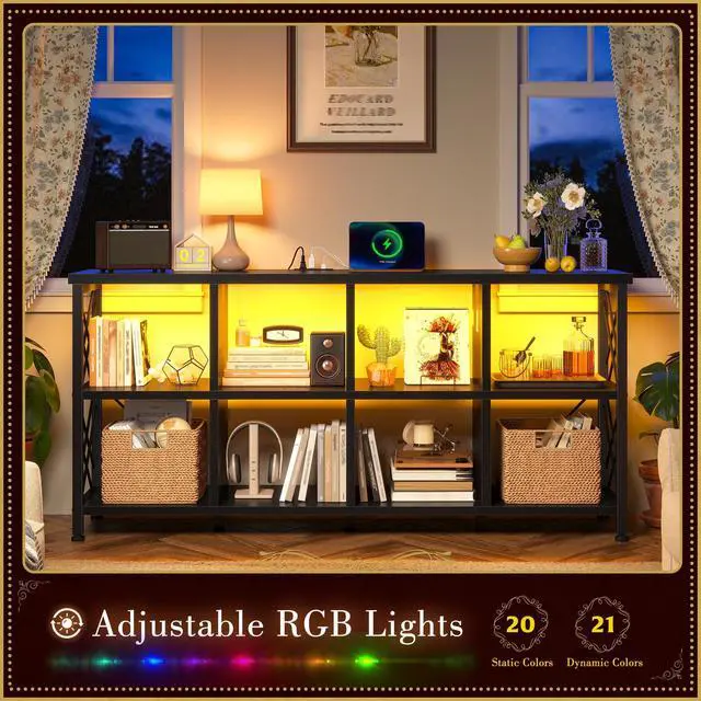 Alt view image 3 of 6 - 8 Cube Shelf Organizer with LED Light and Charging Station, Wood and Metal Cube Shelf as Long Horizontal Book Shelf for Bedroom Home Office, Black