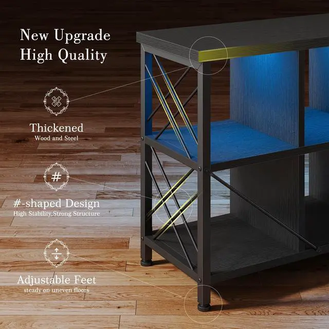 Alt view image 5 of 6 - 8 Cube Shelf Organizer with LED Light and Charging Station, Wood and Metal Cube Shelf as Long Horizontal Book Shelf for Bedroom Home Office, Black