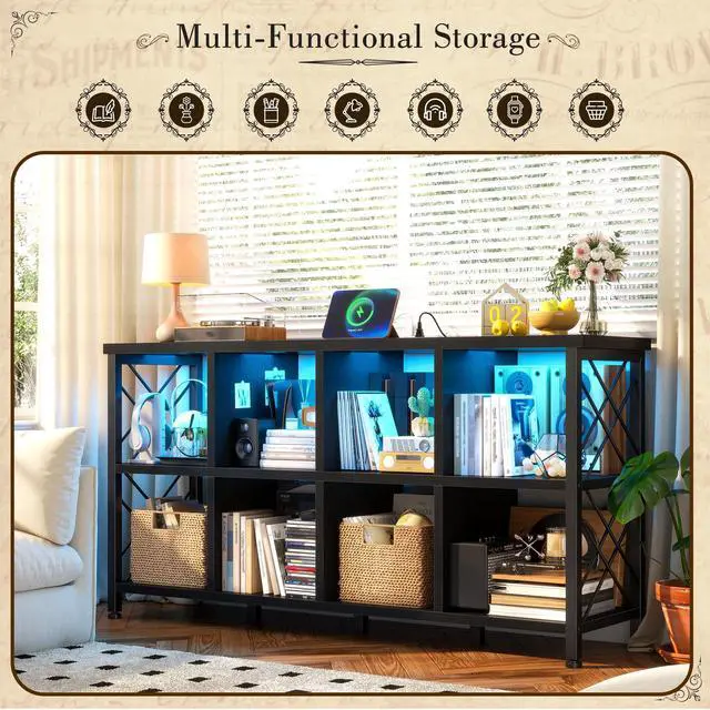 Alt view image 6 of 6 - 8 Cube Shelf Organizer with LED Light and Charging Station, Wood and Metal Cube Shelf as Long Horizontal Book Shelf for Bedroom Home Office, Black
