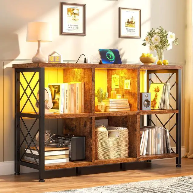 Main image of 6 Cube Storage Organizer with LED for Living Room, Rustic Brown | Charging Station, Home Organizer, Holds 245 LBS, Stable Cube Grid Frame