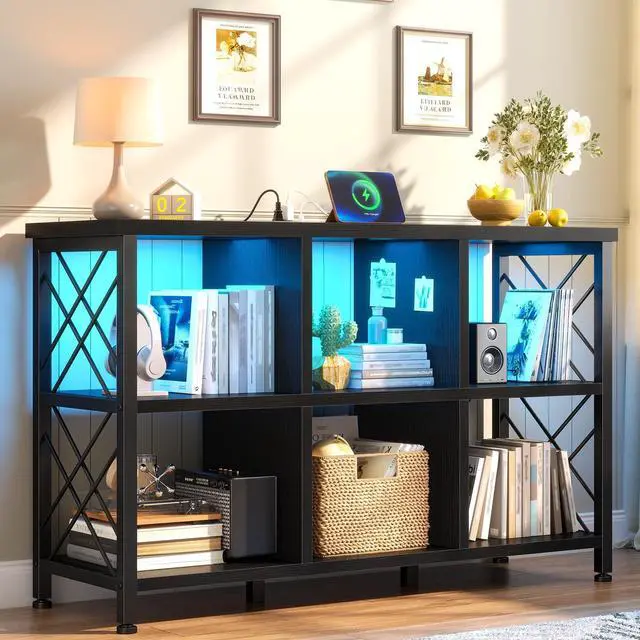 Main image of 6 Cube Storage Organizer with LED Light and Charging Station, Wood and Metal Cube Shelf as Long Horizontal Book Shelf for Bedroom Home Office, Black