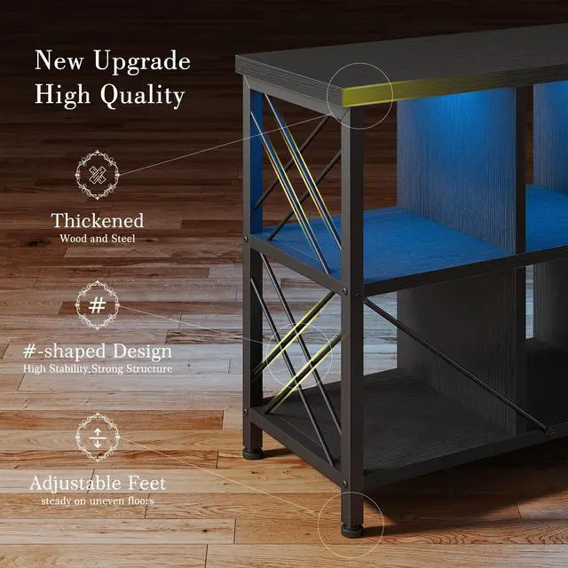 Alt view image 5 of 6 - 6 Cube Storage Organizer with LED Light and Charging Station, Wood and Metal Cube Shelf as Long Horizontal Book Shelf for Bedroom Home Office, Black