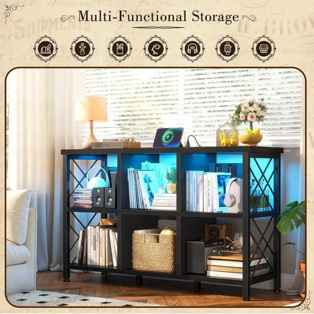 Alt view image 6 of 6 - 6 Cube Storage Organizer with LED Light and Charging Station, Wood and Metal Cube Shelf as Long Horizontal Book Shelf for Bedroom Home Office, Black