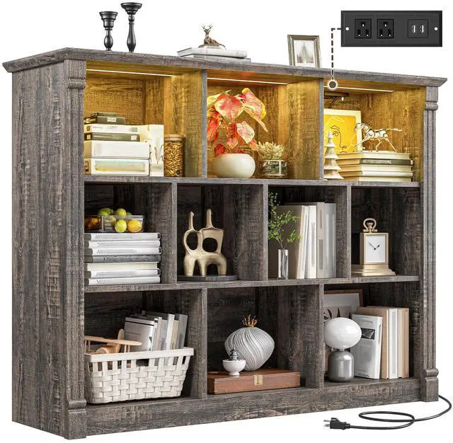 Main image of 10 Cube Storage Organizer with LED Light and Charging Station Wood Cube Shelf Display Cabinet for Bedroom, Living Room, Office, Black Oak