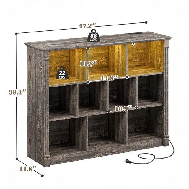 Alt view image 3 of 6 - 10 Cube Storage Organizer with LED Light and Charging Station Wood Cube Shelf Display Cabinet for Bedroom, Living Room, Office, Black Oak