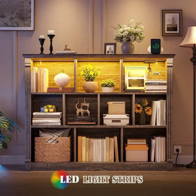 Alt view image 4 of 6 - 10 Cube Storage Organizer with LED Light and Charging Station Wood Cube Shelf Display Cabinet for Bedroom, Living Room, Office, Black Oak