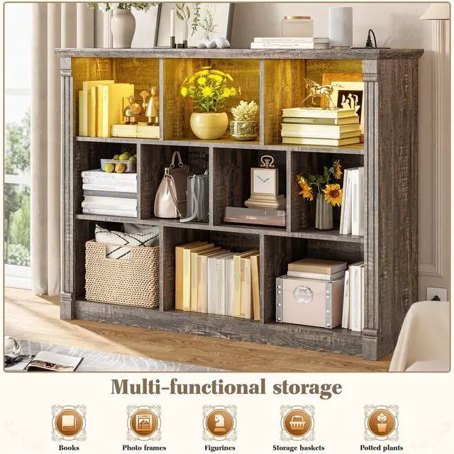 Alt view image 6 of 6 - 10 Cube Storage Organizer with LED Light and Charging Station Wood Cube Shelf Display Cabinet for Bedroom, Living Room, Office, Black Oak