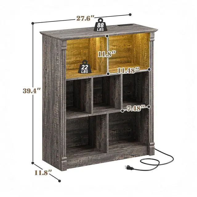 Alt view image 3 of 6 - 7 Cube Bookshelf Cubby Storage Organizer with LED Lights and Charging Station, Wood Shelf Display Cabinet for Bedroom, Living Room, Office Black Oak