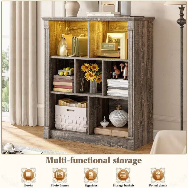 Alt view image 6 of 6 - 7 Cube Bookshelf Cubby Storage Organizer with LED Lights and Charging Station, Wood Shelf Display Cabinet for Bedroom, Living Room, Office Black Oak