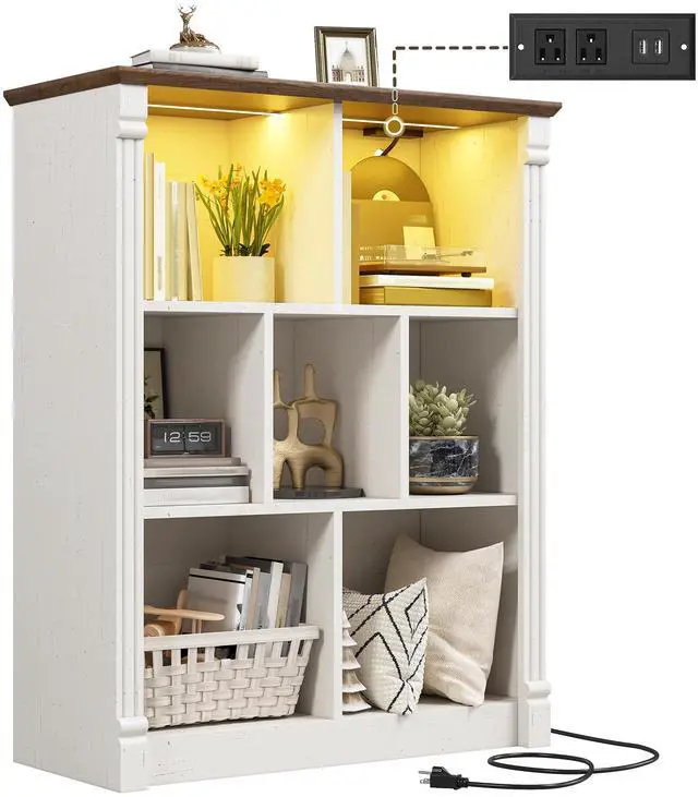 Main image of 7 Cube Storage Organizer, Bookcase with LED Light and Charging Station, Wood Bookshelf for Living Room, Bedroom, Home Office, White