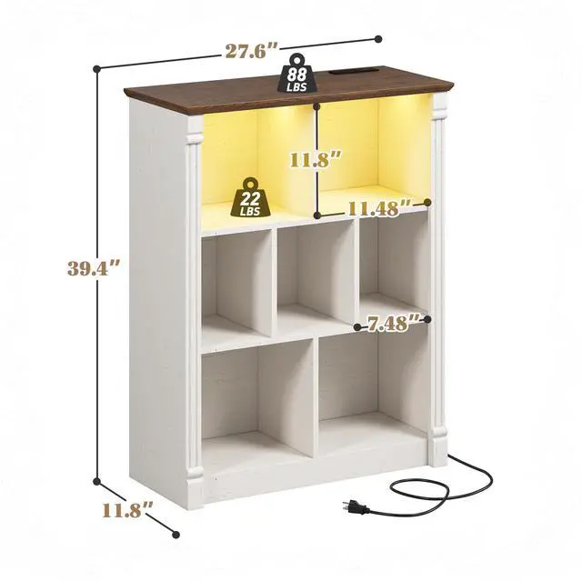 Alt view image 3 of 6 - 7 Cube Storage Organizer, Bookcase with LED Light and Charging Station, Wood Bookshelf for Living Room, Bedroom, Home Office, White