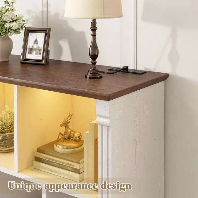 Alt view image 4 of 6 - 7 Cube Storage Organizer, Bookcase with LED Light and Charging Station, Wood Bookshelf for Living Room, Bedroom, Home Office, White