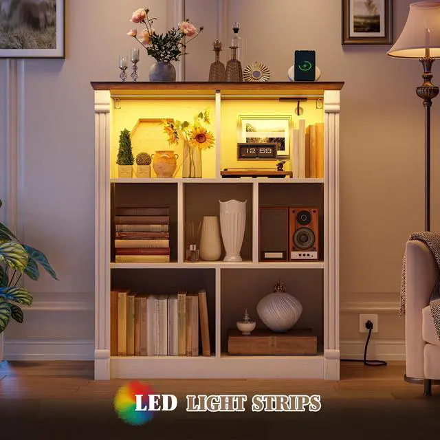 Alt view image 6 of 6 - 7 Cube Storage Organizer, Bookcase with LED Light and Charging Station, Wood Bookshelf for Living Room, Bedroom, Home Office, White