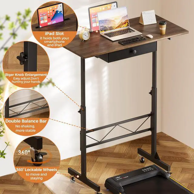 Alt view image 5 of 6 - Small Standing Desk Adjustable Height Small Computer Desk Mobile Portable Rolling Laptop Table with Wheels 32" Computer Workstation Sit Stand Desks Portable Standing Table Treadmill desks