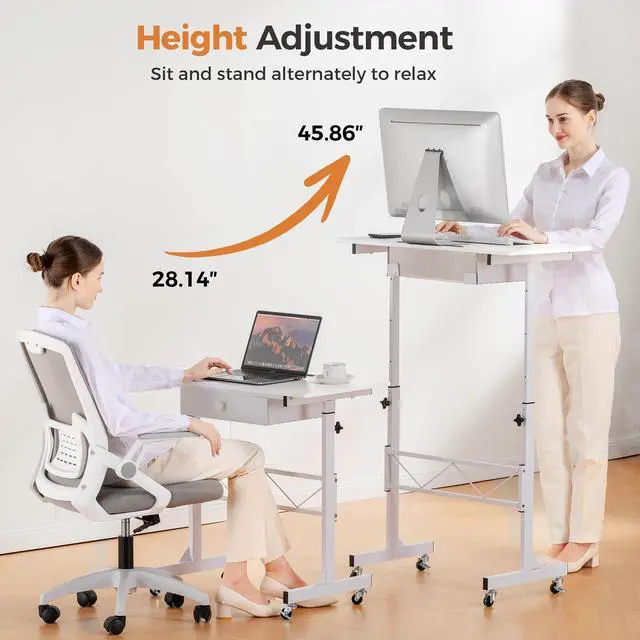Alt view image 4 of 6 - Small Standing Desk Adjustable Height Small Computer Desk Mobile Portable Rolling Laptop Table with Wheels 32" Computer Workstation Sit Stand Desks Portable Standing Table Treadmill desks