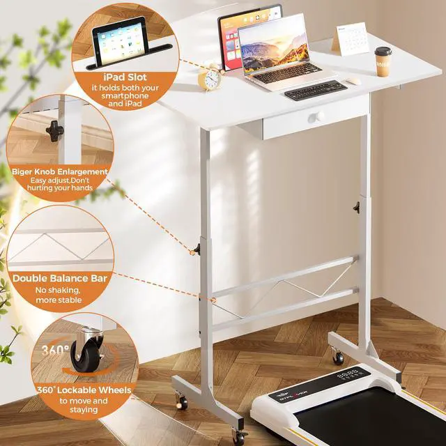 Alt view image 5 of 6 - Small Standing Desk Adjustable Height Small Computer Desk Mobile Portable Rolling Laptop Table with Wheels 32" Computer Workstation Sit Stand Desks Portable Standing Table Treadmill desks