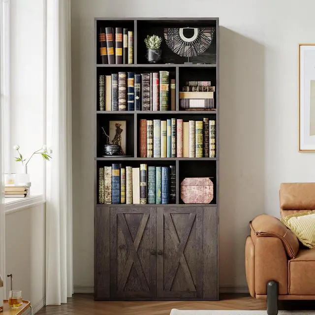 Alt view image 2 of 6 - Book Shelf, Tall Bookshelf with Storage, Bookshelves and Bookcases with Doors, 4-Tier Bookcase with 8 Open Cubes for Living Room, Office, Study, Charcoal Gray