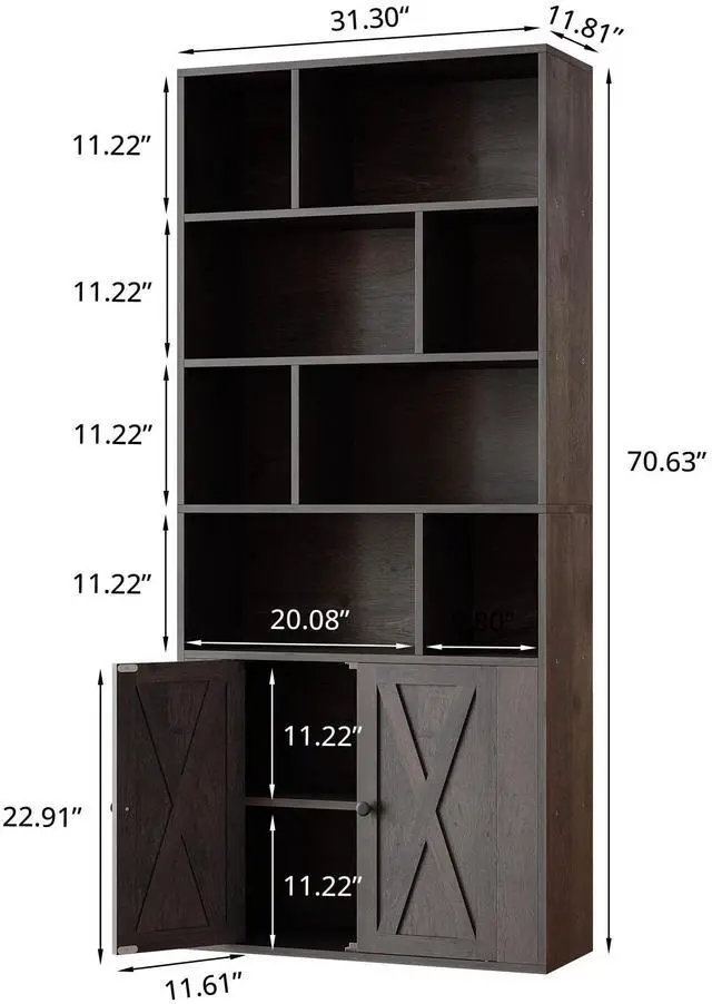 Alt view image 3 of 6 - Book Shelf, Tall Bookshelf with Storage, Bookshelves and Bookcases with Doors, 4-Tier Bookcase with 8 Open Cubes for Living Room, Office, Study, Charcoal Gray