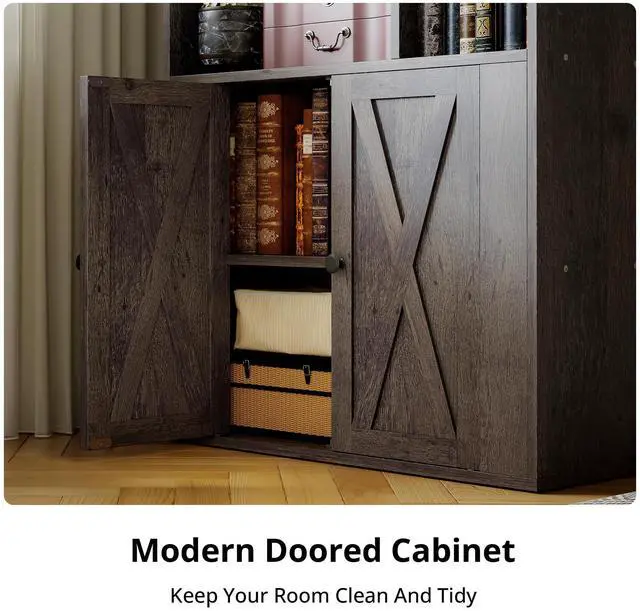 Alt view image 4 of 6 - Book Shelf, Tall Bookshelf with Storage, Bookshelves and Bookcases with Doors, 4-Tier Bookcase with 8 Open Cubes for Living Room, Office, Study, Charcoal Gray
