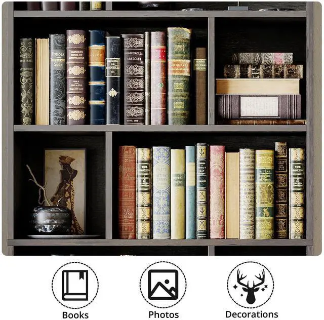Alt view image 6 of 6 - Book Shelf, Tall Bookshelf with Storage, Bookshelves and Bookcases with Doors, 4-Tier Bookcase with 8 Open Cubes for Living Room, Office, Study, Charcoal Gray