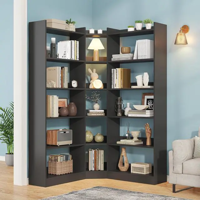 Main image of 6 Tiers Corner Bookshelf and Bookcase with Baffle, 63.1" Tall Modern L-Shaped Storage Display Book Shelf Industrial Bookshelves for Bedroom, Living Room, Kitchen, Home Office, Black
