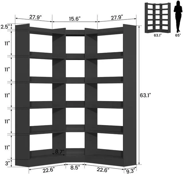 Alt view image 2 of 6 - 6 Tiers Corner Bookshelf and Bookcase with Baffle, 63.1" Tall Modern L-Shaped Storage Display Book Shelf Industrial Bookshelves for Bedroom, Living Room, Kitchen, Home Office, Black