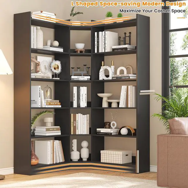 Alt view image 3 of 6 - 6 Tiers Corner Bookshelf and Bookcase with Baffle, 63.1" Tall Modern L-Shaped Storage Display Book Shelf Industrial Bookshelves for Bedroom, Living Room, Kitchen, Home Office, Black