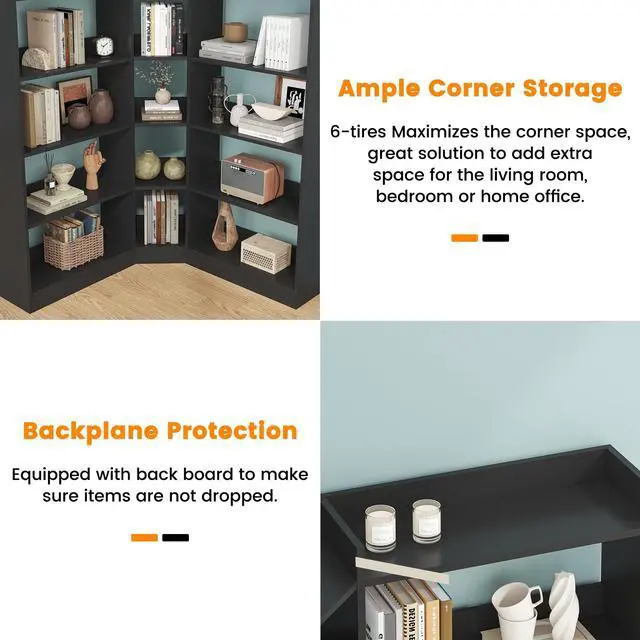 Alt view image 4 of 6 - 6 Tiers Corner Bookshelf and Bookcase with Baffle, 63.1" Tall Modern L-Shaped Storage Display Book Shelf Industrial Bookshelves for Bedroom, Living Room, Kitchen, Home Office, Black
