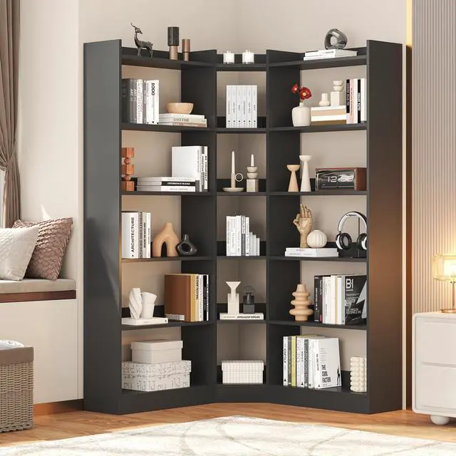 Alt view image 6 of 6 - 6 Tiers Corner Bookshelf and Bookcase with Baffle, 63.1" Tall Modern L-Shaped Storage Display Book Shelf Industrial Bookshelves for Bedroom, Living Room, Kitchen, Home Office, Black