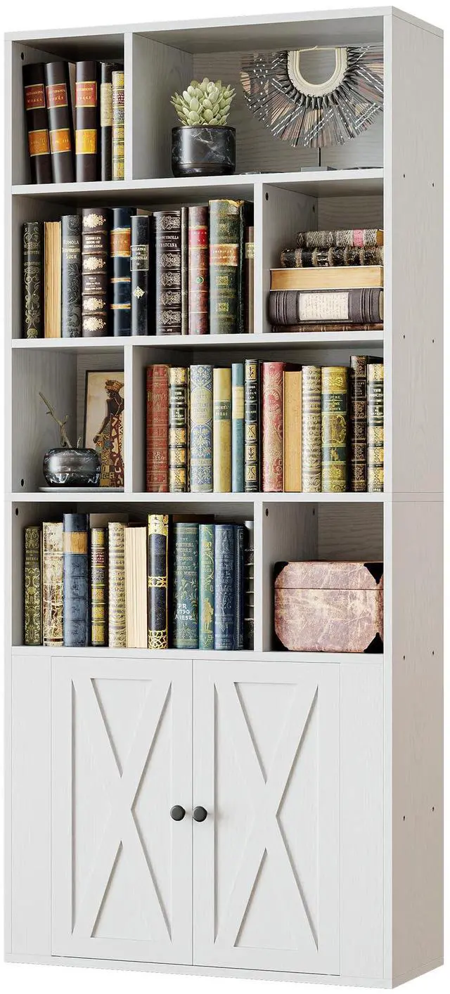 Main image of Book Shelf, Tall Bookshelf with Storage, Bookshelves and Bookcases with Doors, 4-Tier Bookcase with 8 Open Cubes for Living Room, Office, Study, White