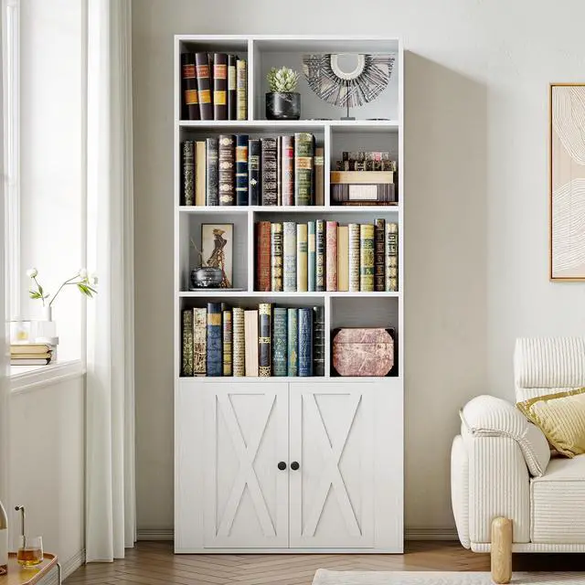 Alt view image 2 of 6 - Book Shelf, Tall Bookshelf with Storage, Bookshelves and Bookcases with Doors, 4-Tier Bookcase with 8 Open Cubes for Living Room, Office, Study, White