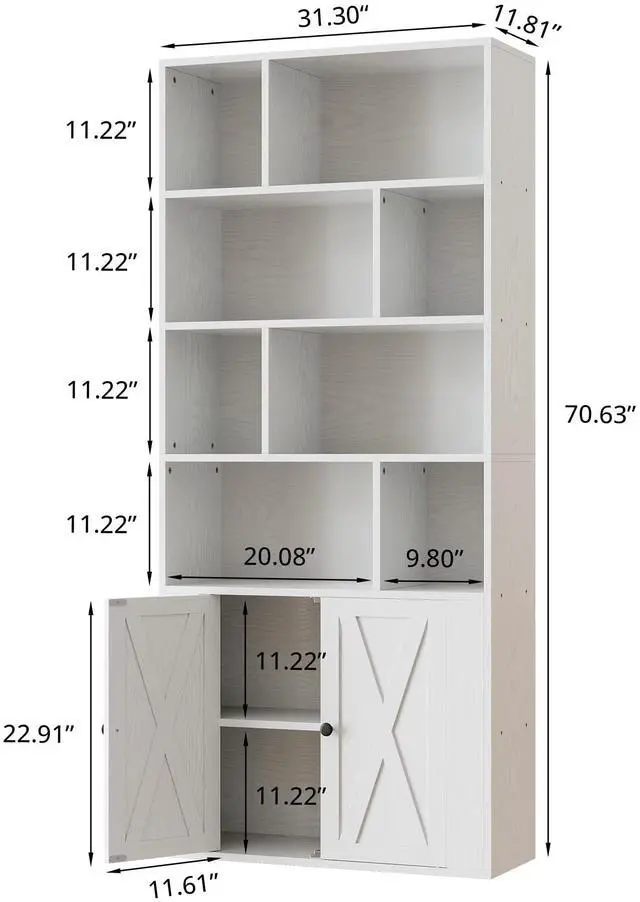 Alt view image 3 of 6 - Book Shelf, Tall Bookshelf with Storage, Bookshelves and Bookcases with Doors, 4-Tier Bookcase with 8 Open Cubes for Living Room, Office, Study, White